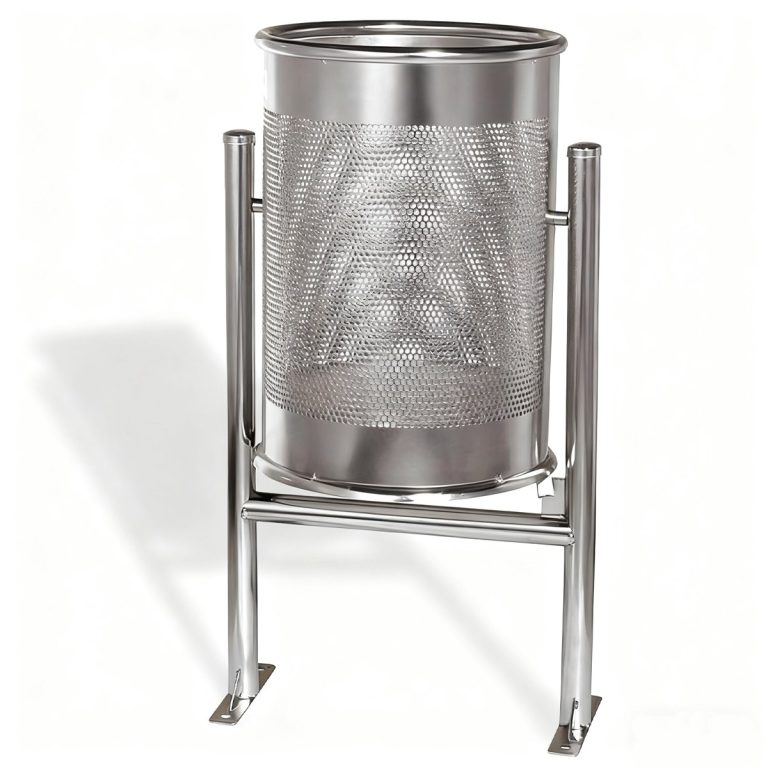 Commercial Outdoor Stainless Steel Trash Can with Perforated Mesh Body and Freestanding Metal Frame